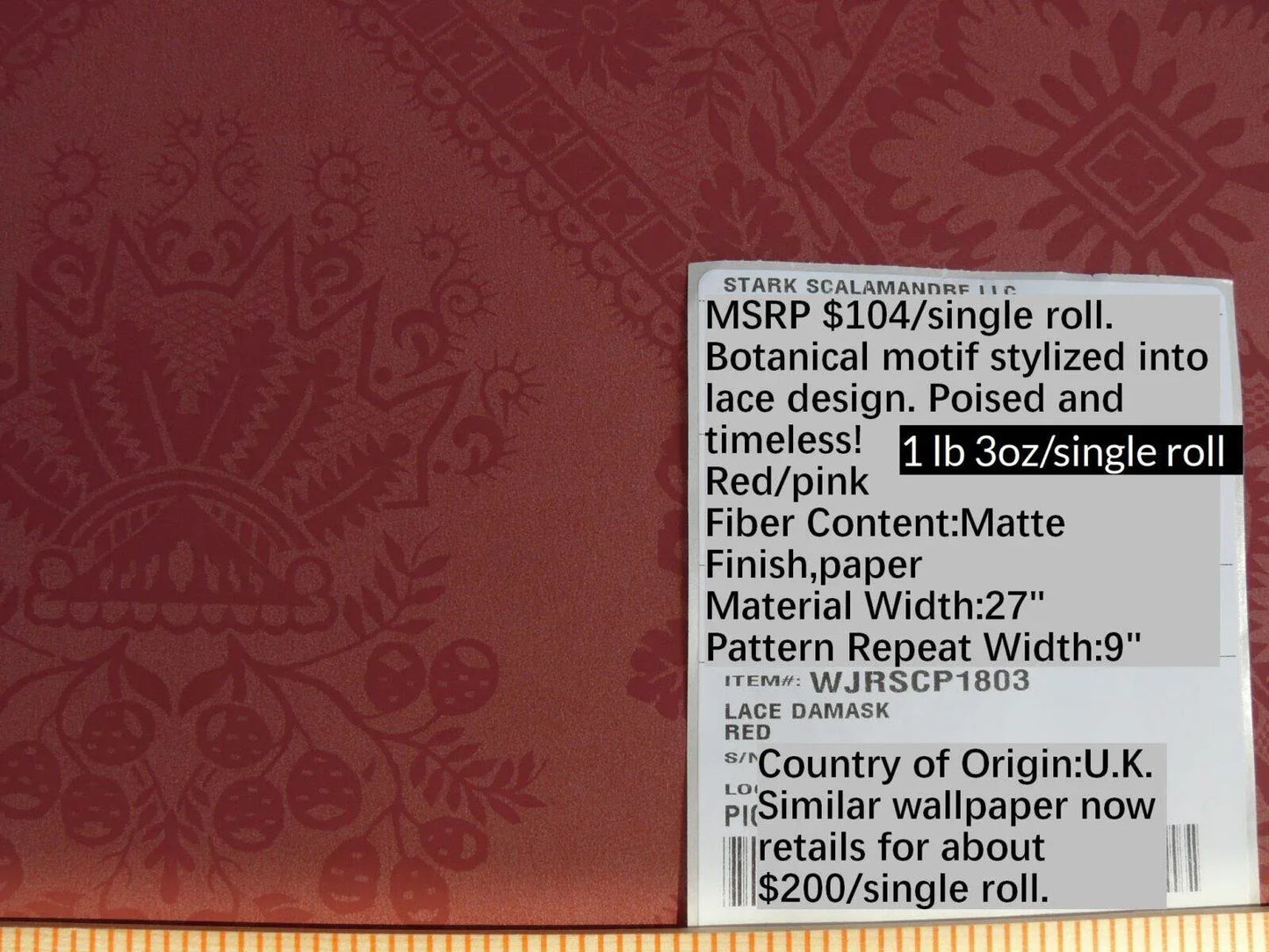 High End Wallpaper 5y Single Roll Scalamandre Lace Damask Wallpaper Red Pink Coral Renaissance Flower MSRP USD 104/Single Roll