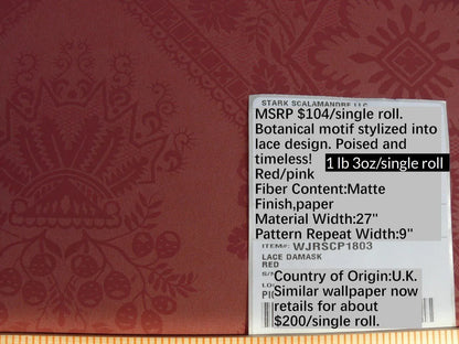 High End Wallpaper 5y Single Roll Scalamandre Lace Damask Wallpaper Red Pink Coral Renaissance Flower MSRP USD 104/Single Roll