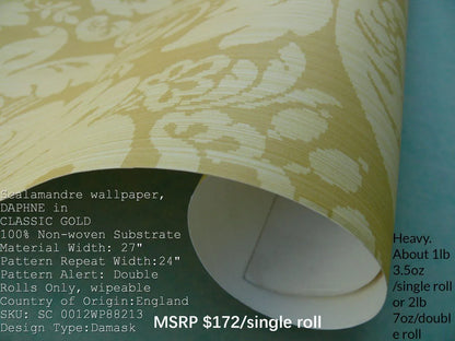 High End Wallpape Scalamandre "daphne  Classic Gold" Renaissance Damask Strie MSRP USD 174/single Roll  Old World Weavers