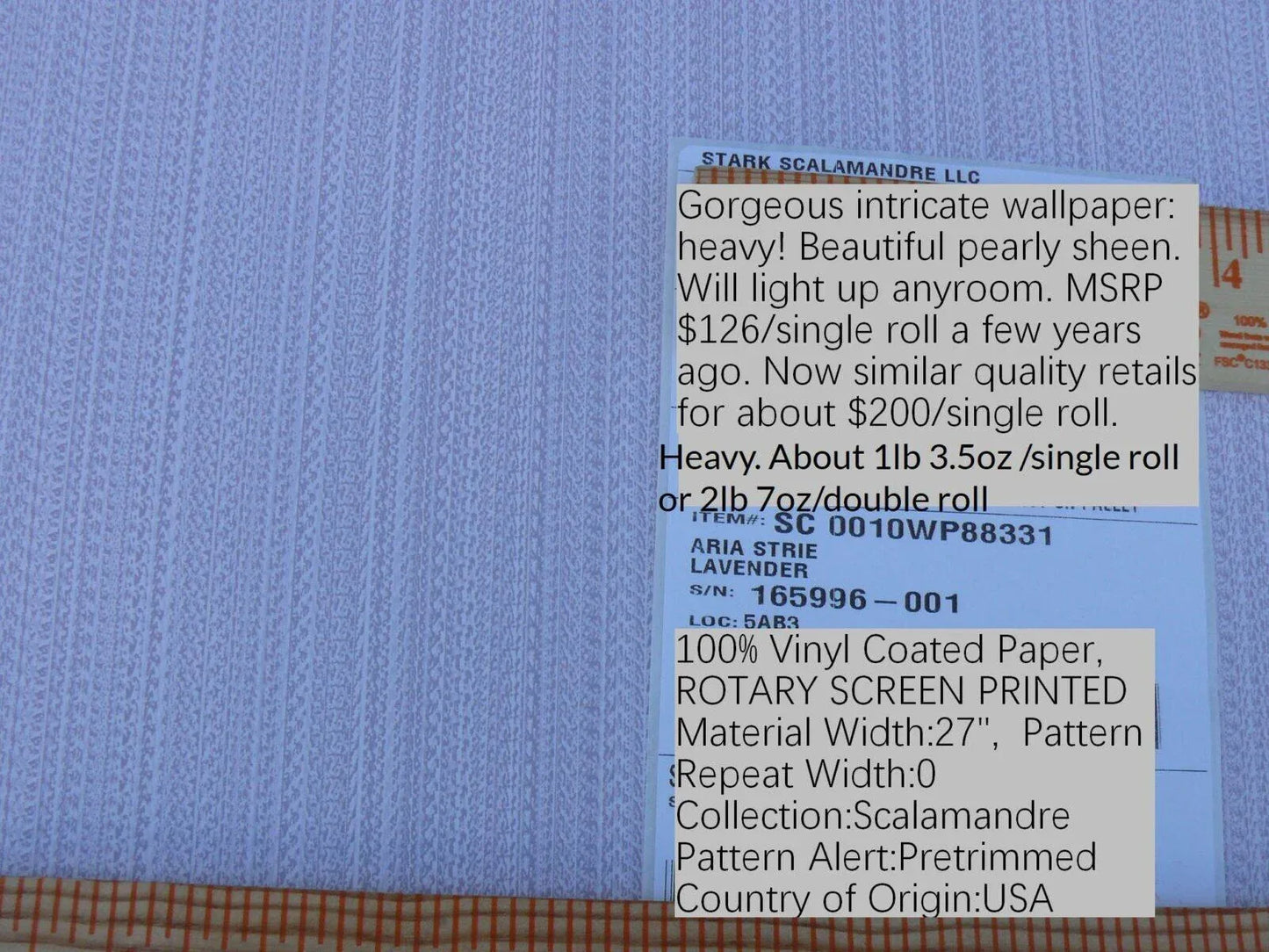 Aria Strie Lavender Purple Blue Wallpaper Scalamandre 5 Yards Single Roll MSRP USD 126/single Roll