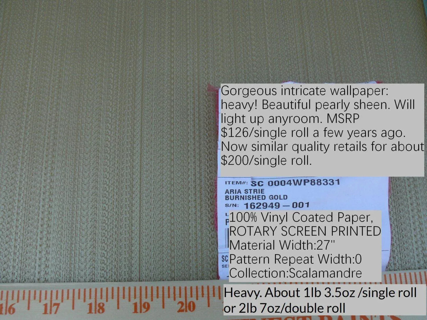 Aria Strie Burnished Gold Wallpaper Scalamandre 5 Yards Single Roll MSRP USD 126/single Roll