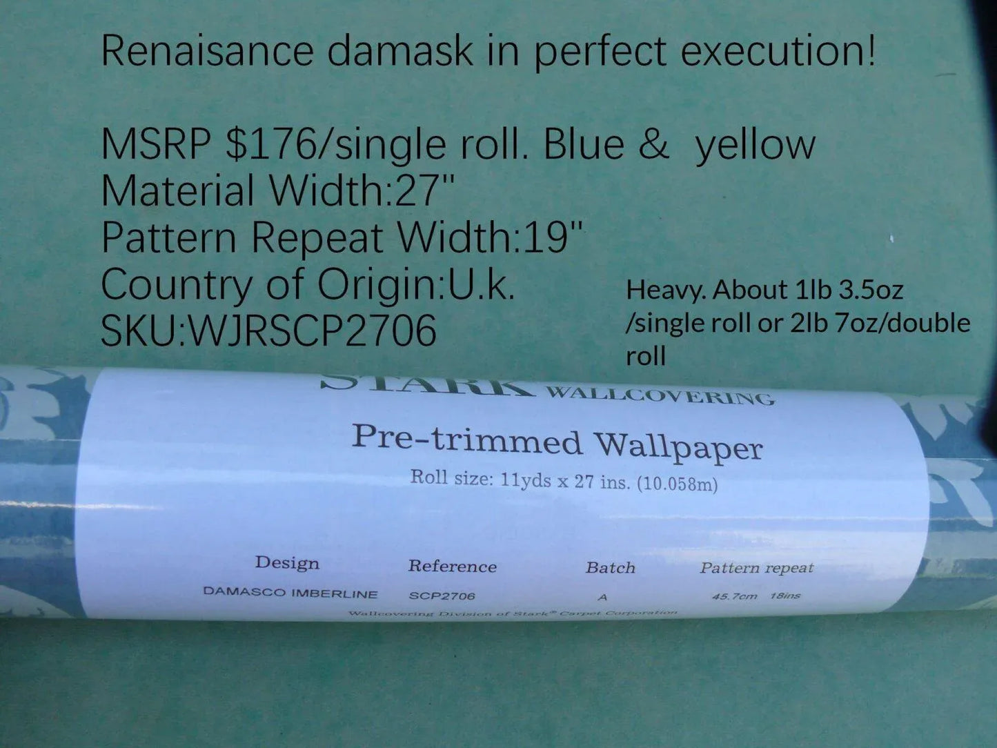 High End Wallpaper Damasco Imberline French Blue Damask Stripe Wallpaper Handprinted MSRP USD 176/single Roll  Old World Weavers