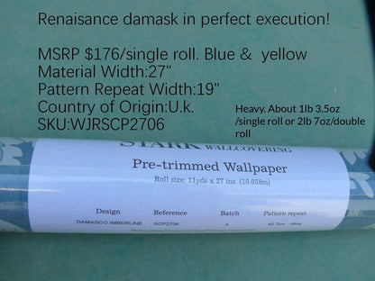 High End Wallpaper Damasco Imberline French Blue Damask Stripe Wallpaper Handprinted MSRP USD 176/single Roll  Old World Weavers