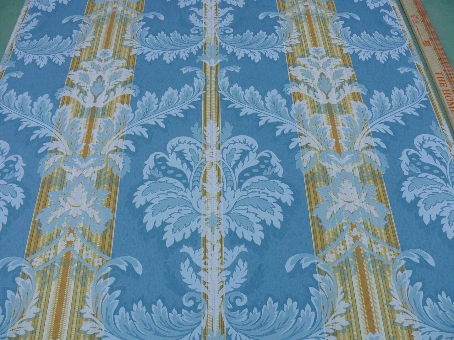 High End Wallpaper Damasco Imberline French Blue Damask Stripe Wallpaper Handprinted MSRP USD 176/single Roll  Old World Weavers
