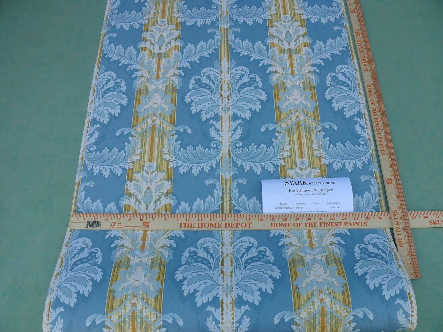 High End Wallpaper Damasco Imberline French Blue Damask Stripe Wallpaper Handprinted MSRP USD 176/single Roll  Old World Weavers