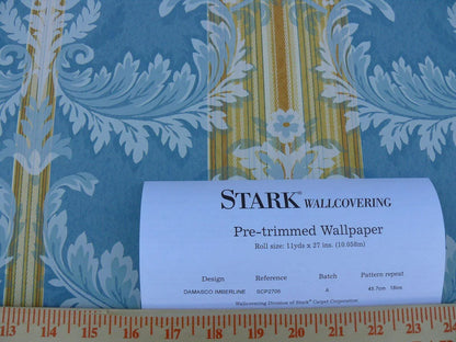 High End Wallpaper Damasco Imberline French Blue Damask Stripe Wallpaper Handprinted MSRP USD 176/single Roll  Old World Weavers