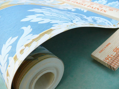 High End Wallpaper Damasco Imberline French Blue Damask Stripe Wallpaper Handprinted MSRP USD 176/single Roll  Old World Weavers