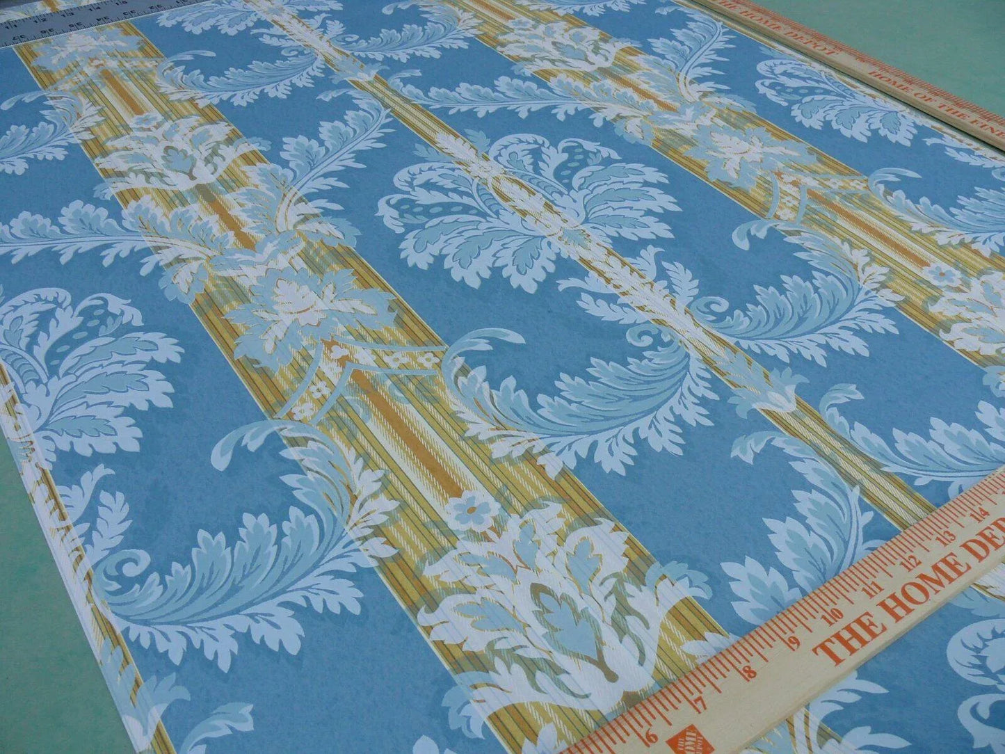High End Wallpaper Damasco Imberline French Blue Damask Stripe Wallpaper Handprinted MSRP USD 176/single Roll  Old World Weavers