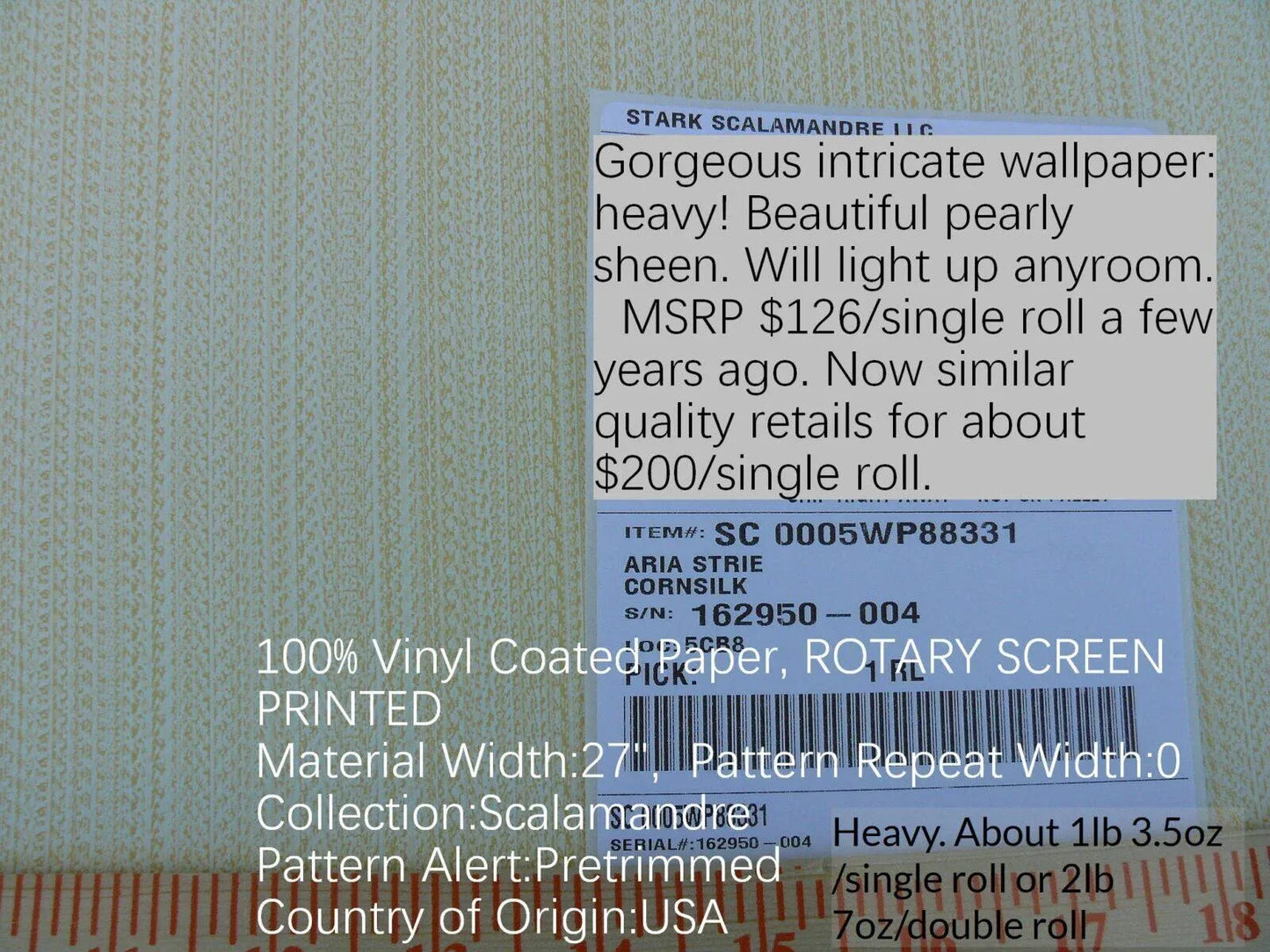 Aria Strie Cornsilk Yellow Light Gold Wallpaper Scalamandre Single Roll 5 Yards MSRP USD 126/single Roll