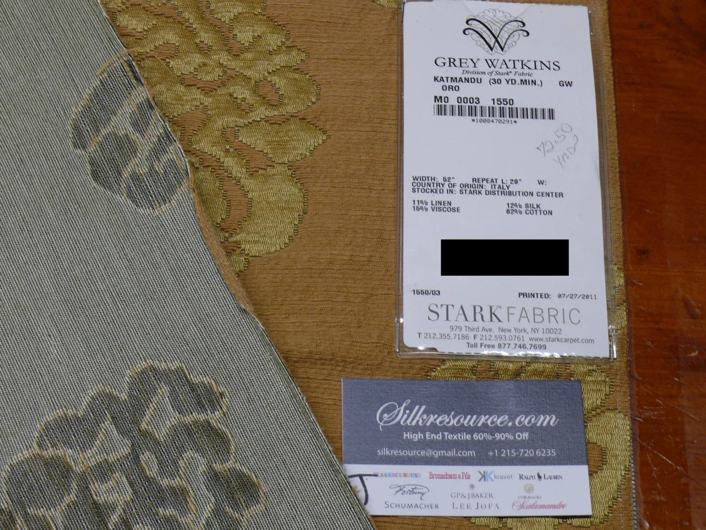 38J Scalamandre Old World Weavers Square Katmandu Oro Gold Green Silk Lampas Oro Gold Green  Paisley MSRP USD 364/Y