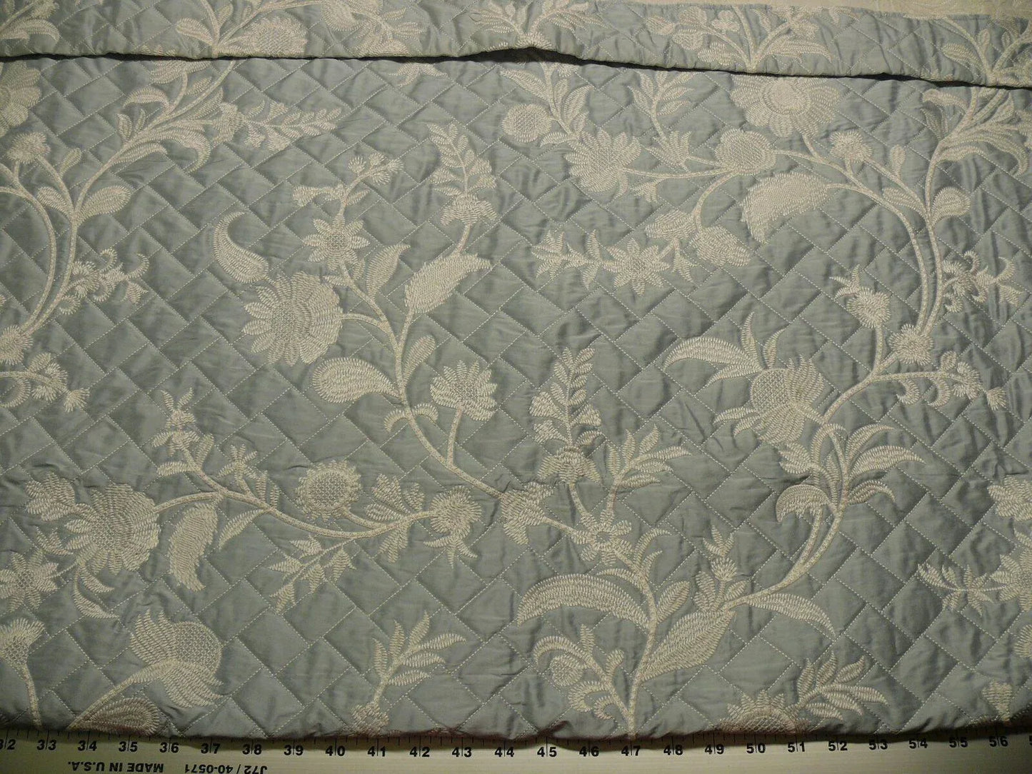 2.3y Scalamandre Lisetta Powder Blue Silk Embroidery Matelasse Quilted Blanket Bedcover White Crewel Flower Blue MSRP USD 478/Y