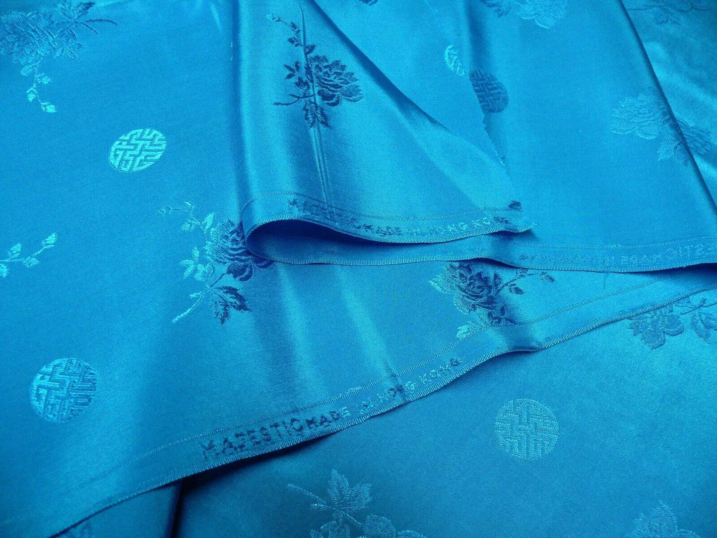 3y Sapphire Blue "magestic" Made In Hong Kong Peony &amp; Longevity Silk Brocade In Satin Finish By Blakely