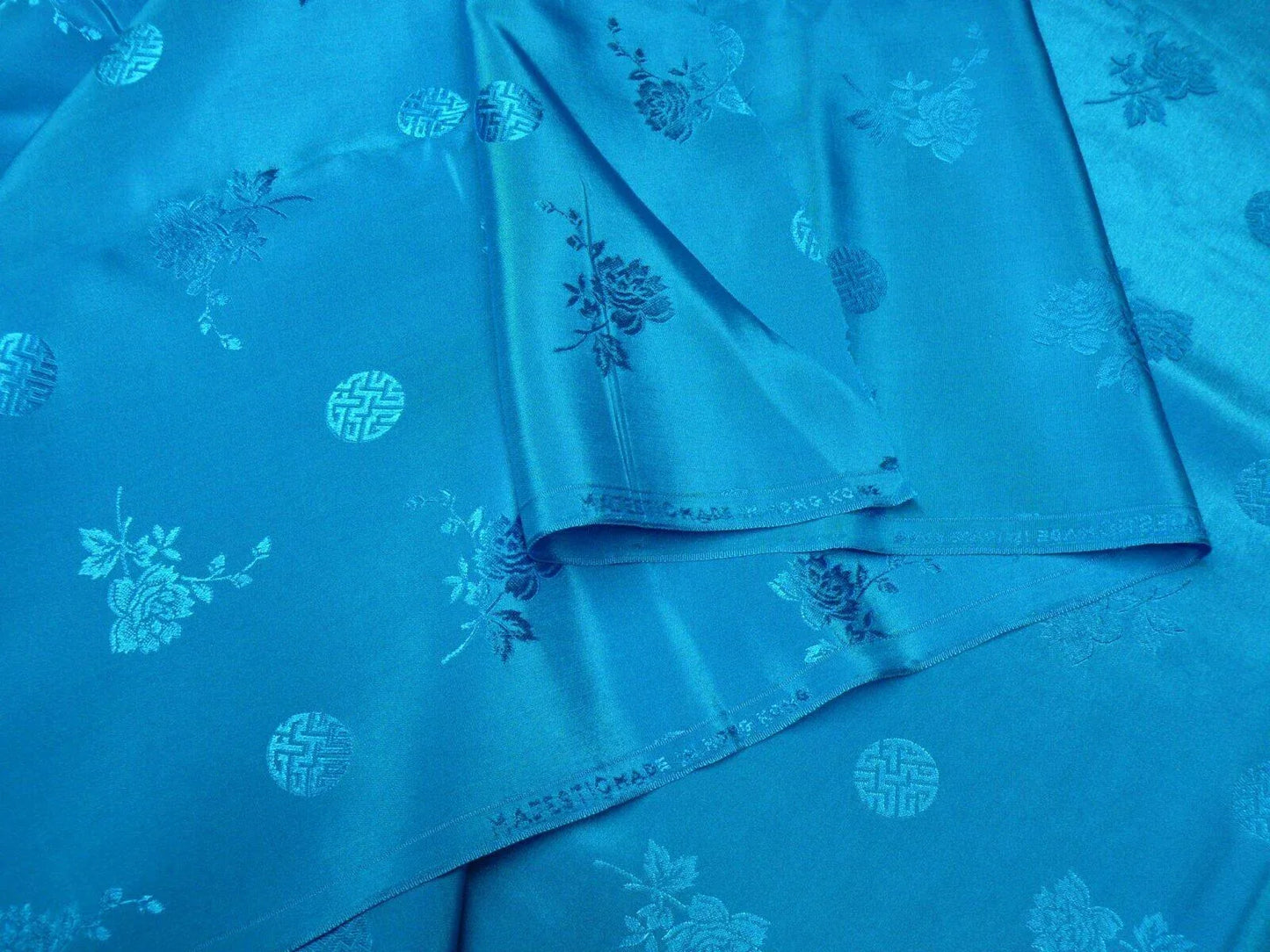 3y Sapphire Blue "magestic" Made In Hong Kong Peony &amp; Longevity Silk Brocade In Satin Finish By Blakely