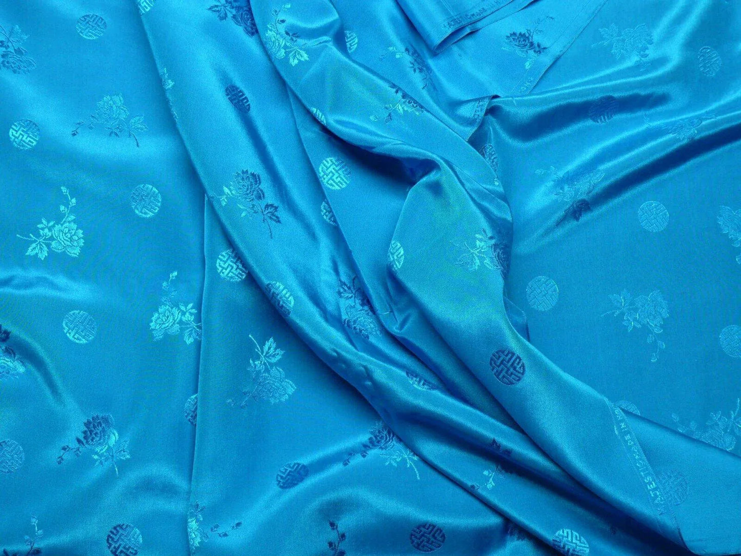 3y Sapphire Blue "magestic" Made In Hong Kong Peony &amp; Longevity Silk Brocade In Satin Finish By Blakely