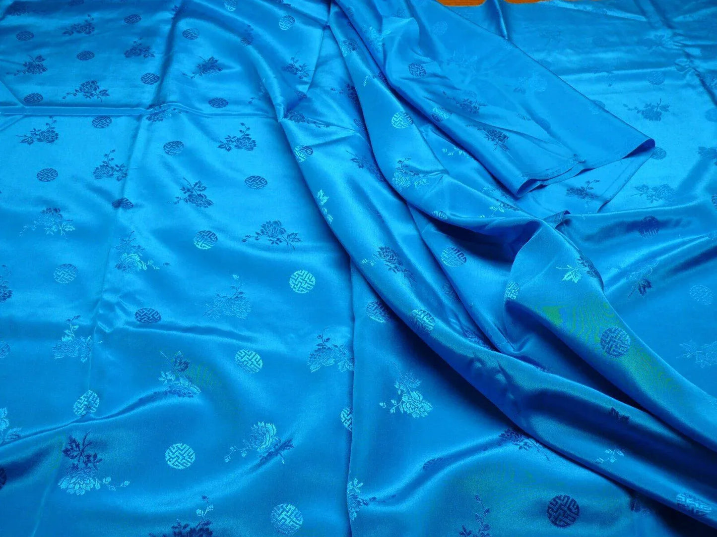 3y Sapphire Blue "magestic" Made In Hong Kong Peony &amp; Longevity Silk Brocade In Satin Finish By Blakely