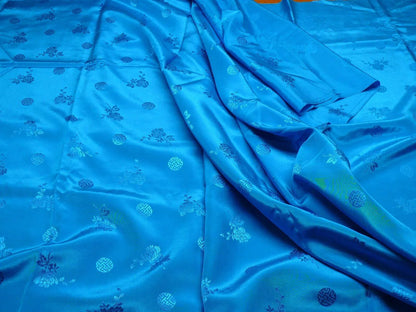 3y Sapphire Blue "magestic" Made In Hong Kong Peony &amp; Longevity Silk Brocade In Satin Finish By Blakely