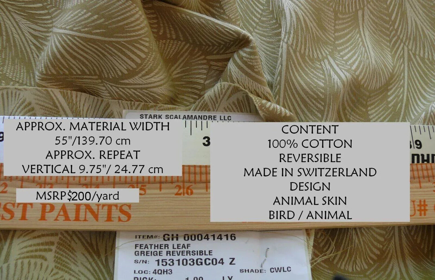 Scalamandre Feather Leaf Greige Reversible Grey Beige Animal Bird Foliage Cotton Damask MSRP USD 200/yard