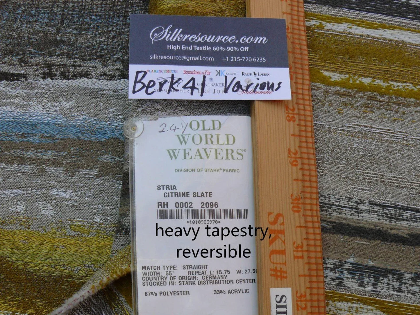 7 Berkbox41 Scalamandre Length Stria Citrine Slate Yellow Gray 2.4yd