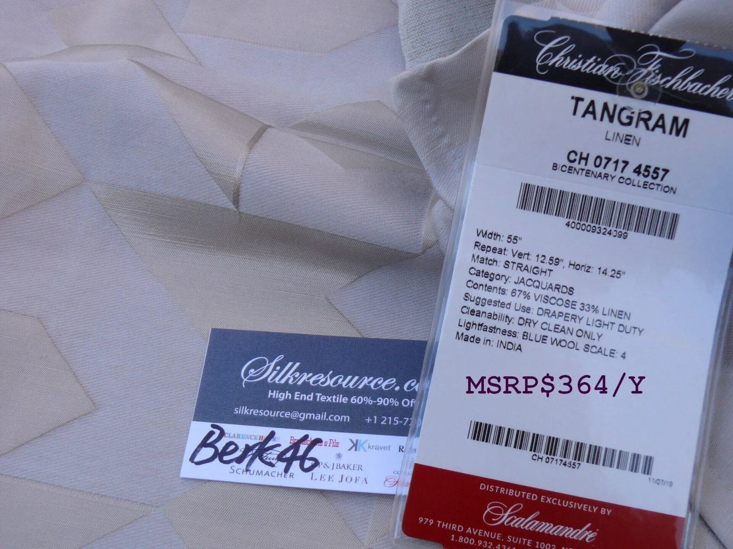 8 Berkbox46 Scalamandre Christian Fischbacher 2.4 Yards "tangram" Linen, Taupe And Beige Geometric Pattern