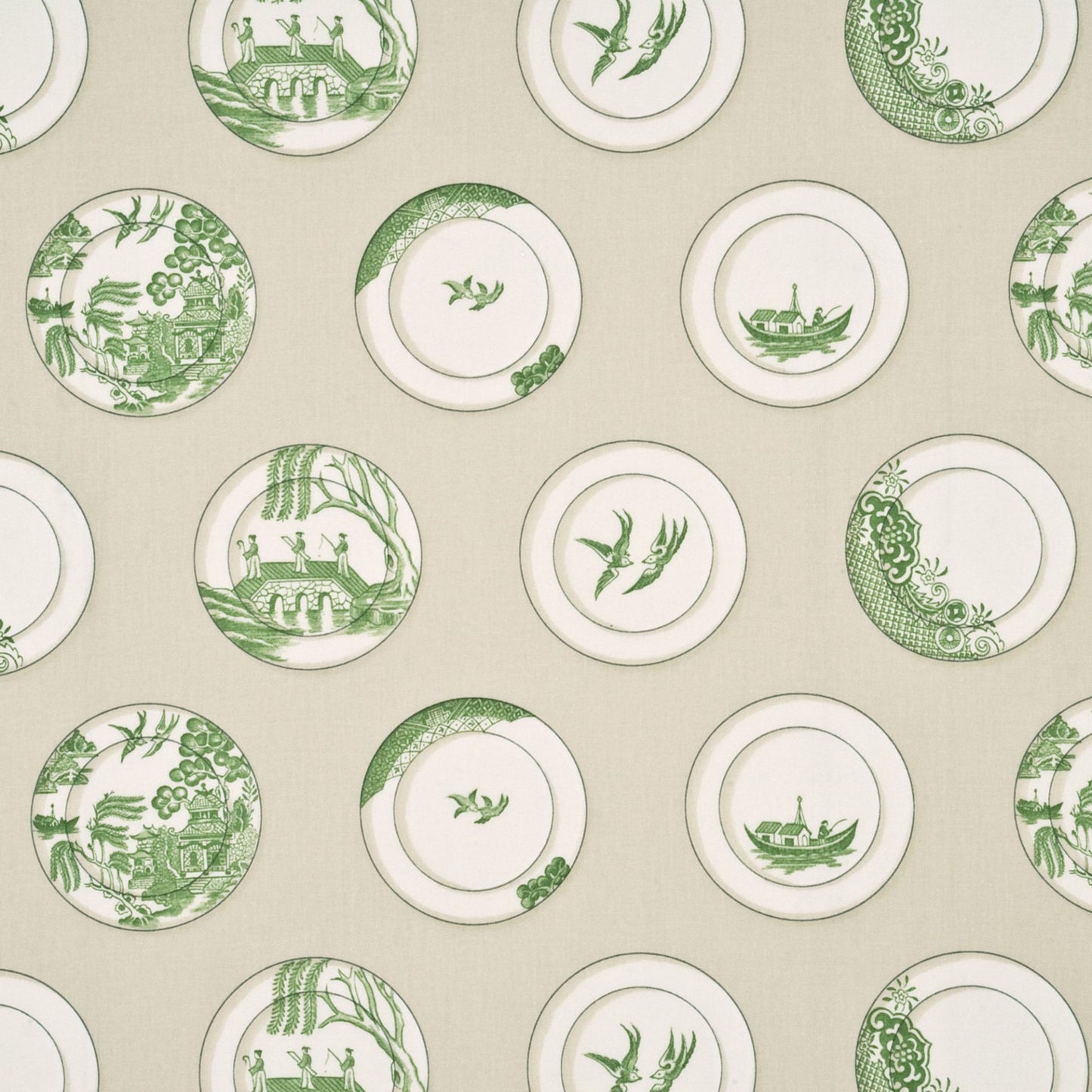 Kravet Lee Jofa Porcelain Green White Cream Willow Plates 100% Cotton Toile Chinoiserie Bird Boat Bridge