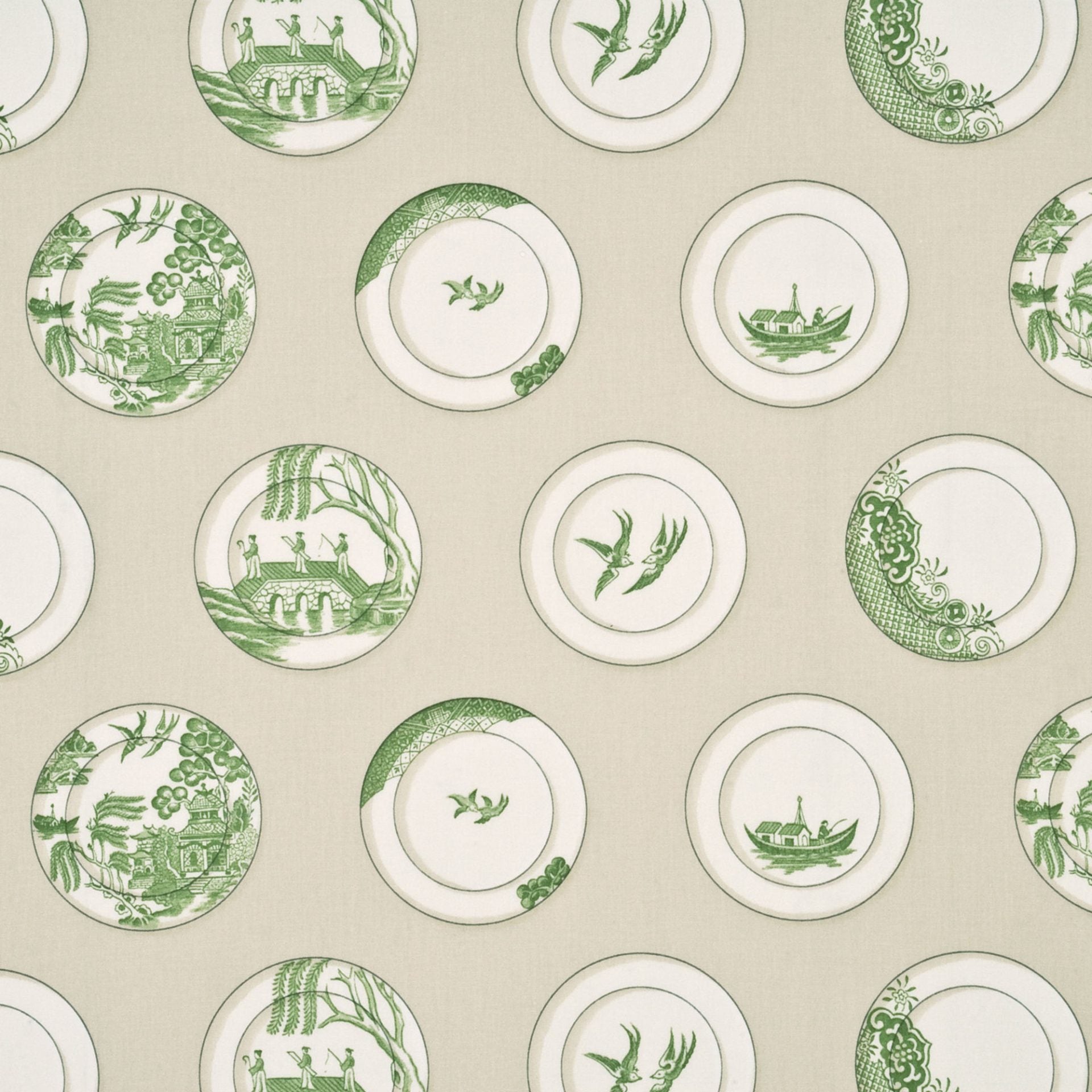 Kravet Lee Jofa Porcelain Green White Cream Willow Plates 100% Cotton Toile Chinoiserie Bird Boat Bridge