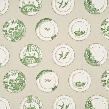 Kravet Lee Jofa Porcelain Green White Cream Willow Plates 100% Cotton Toile Chinoiserie Bird Boat Bridge