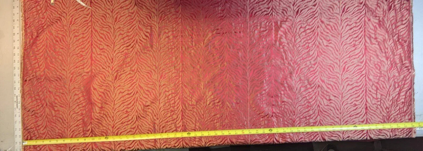 By Yard Tiger Cheetah Silk And Viscose Blend Damask Red And Gold Iridescent #33