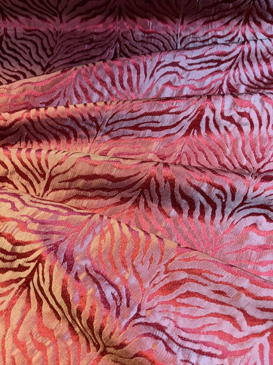 By Yard Tiger Cheetah Silk And Viscose Blend Damask Red And Gold Iridescent #33