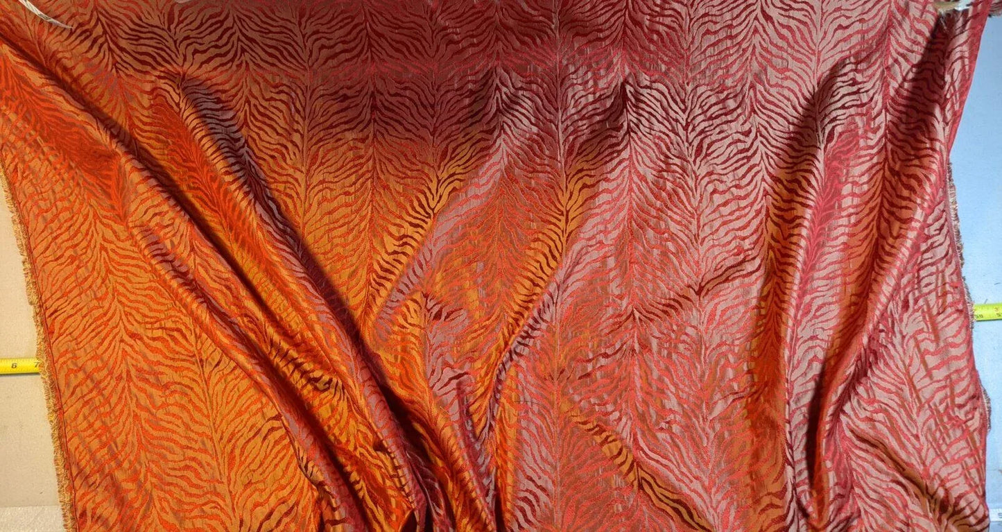 By Yard Tiger Cheetah Silk And Viscose Blend Damask Red And Gold Iridescent #33