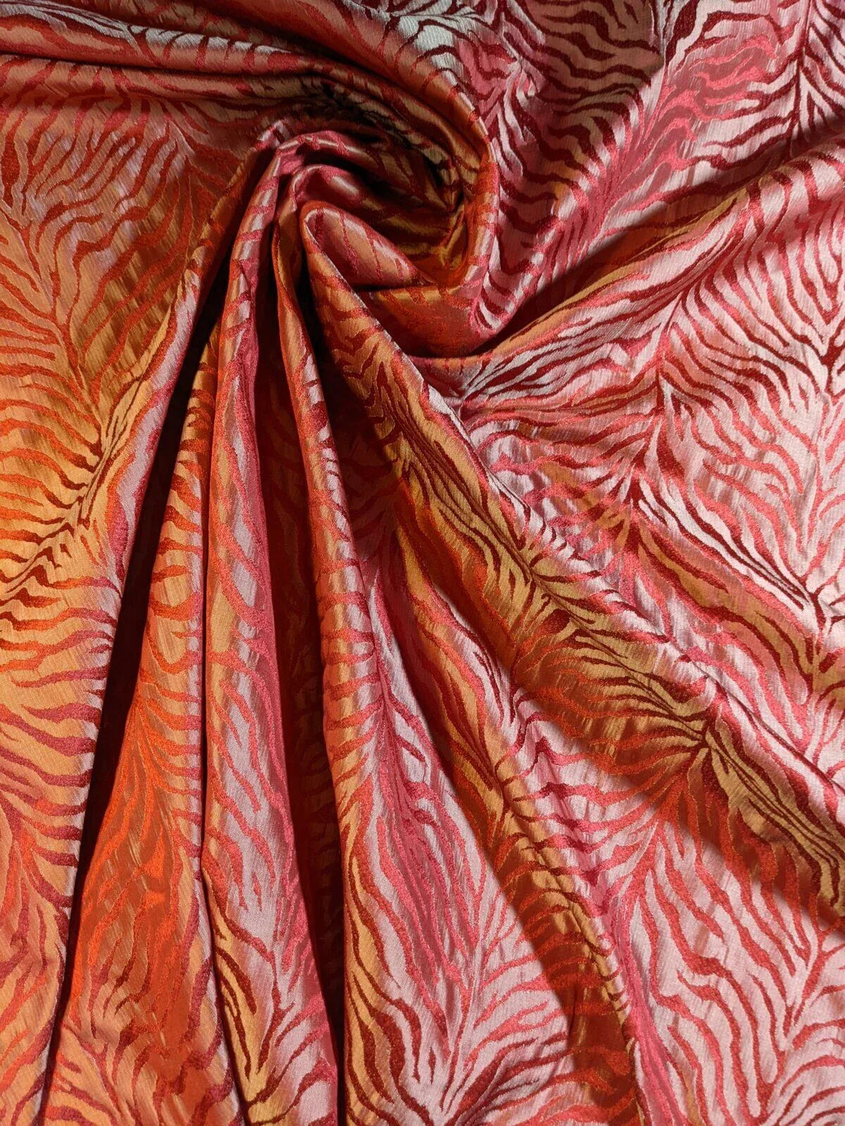 By Yard Tiger Cheetah Silk And Viscose Blend Damask Red And Gold Iridescent #33