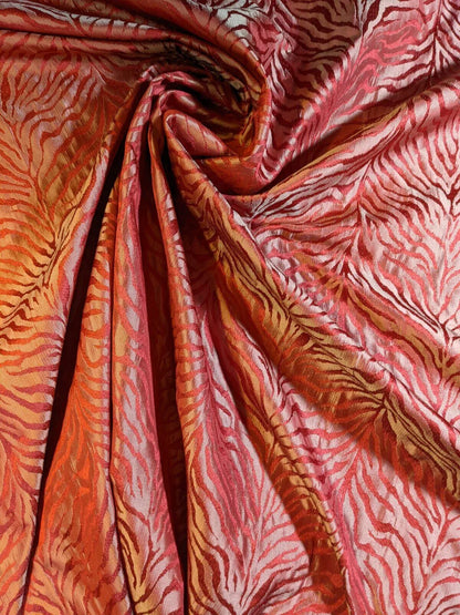 By Yard Tiger Cheetah Silk And Viscose Blend Damask Red And Gold Iridescent #33