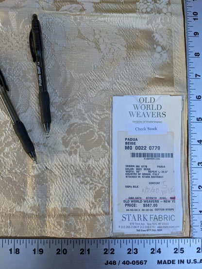 64 Ev11 Scalamandre Showroom Sample 21"x25" Padua Beige 100% Silk Floral MSRP USD 387/Y Minor Defect