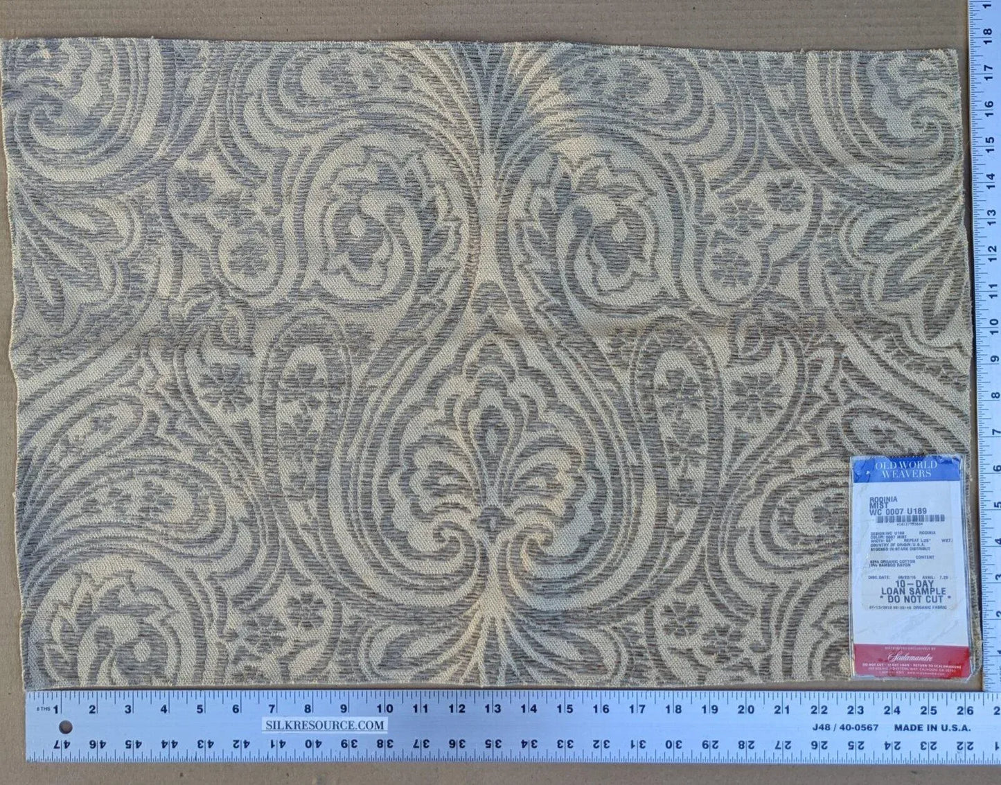 65 Ev11 Scalamandre Showroom Sample 17"x26" Rodinia Mist Tan Organic Cotton Classic Damask Chenille Old World Weavers MSRP USD 168
