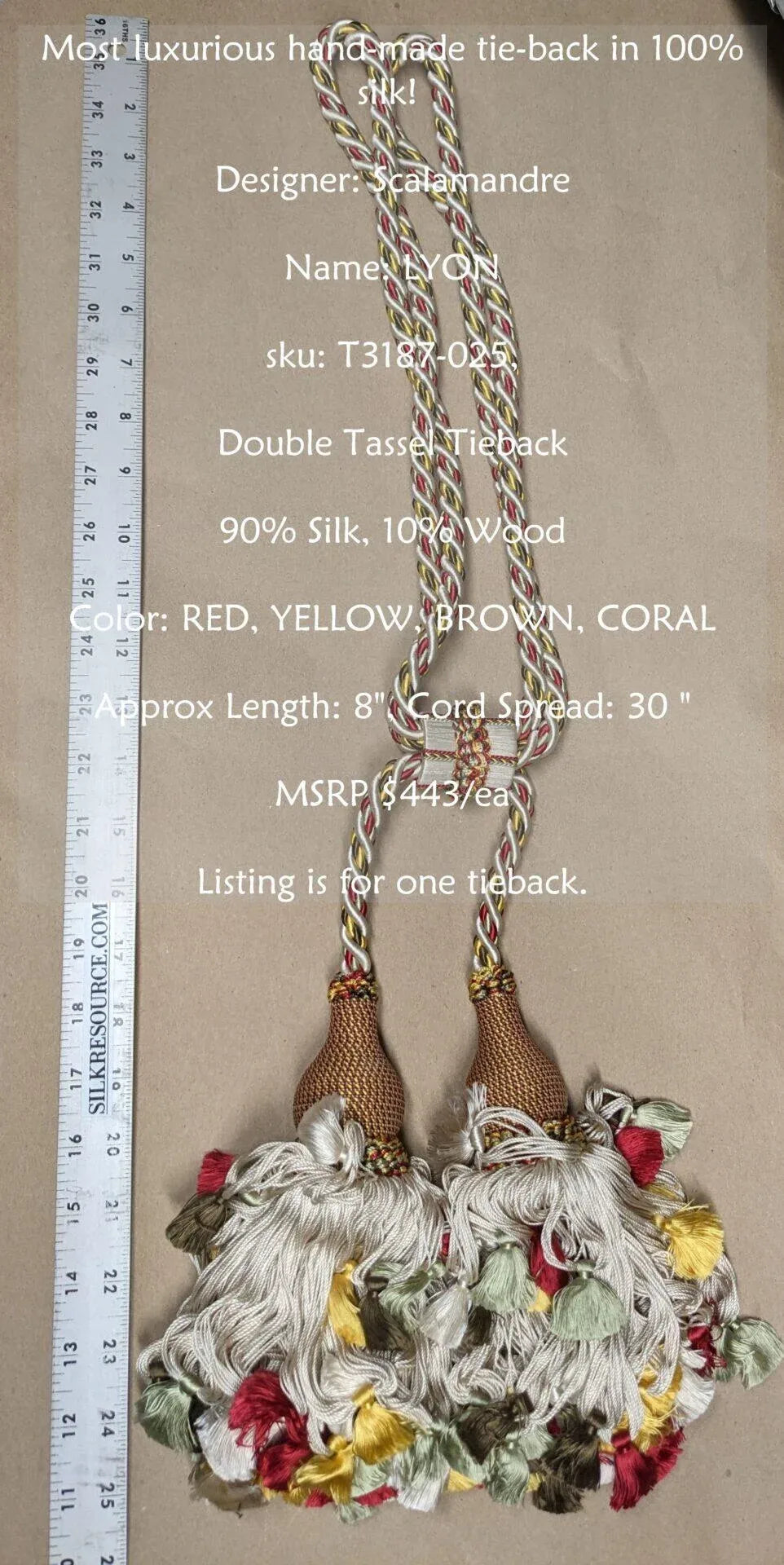 Scalamandre Lyon 100% Silk Tieback Red Yellow Brown Coral