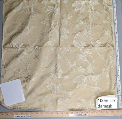 by yard 100% Silk Damask Lace Curvy Botanical Flower Vines Art Neuveu Flax Gold