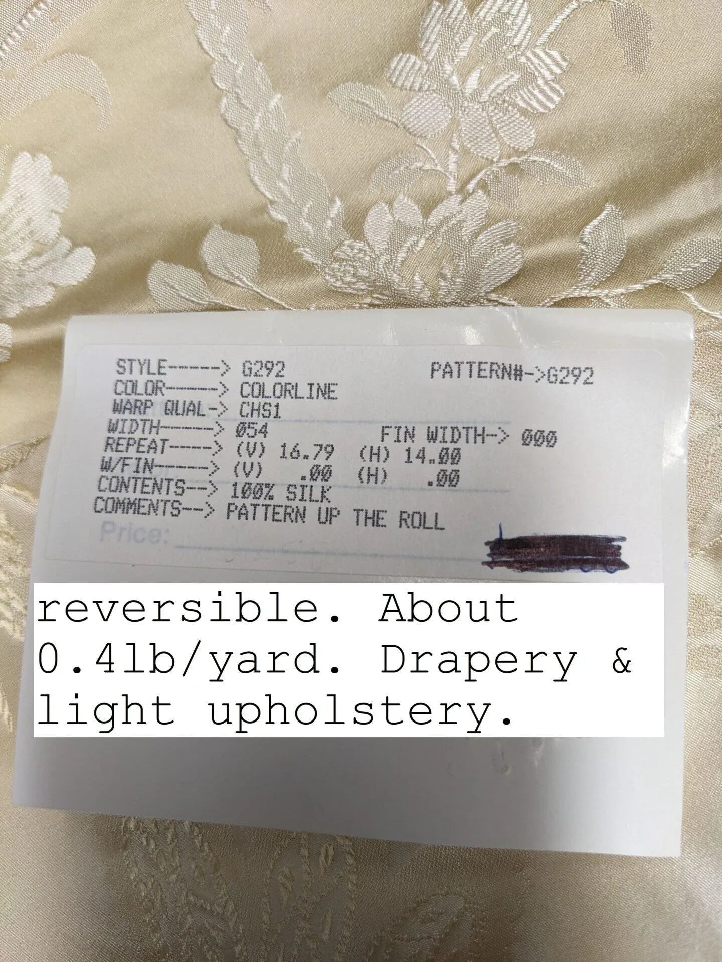 by yard 100% Silk Damask Lace Curvy Botanical Flower Vines Art Neuveu Flax Gold