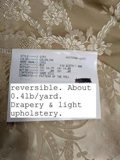 by yard 100% Silk Damask Lace Curvy Botanical Flower Vines Art Neuveu Sesame Gold