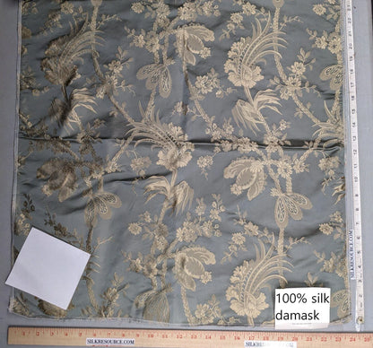100% Silk Damask Lace Curvy Botanical Flower Vines Art Neuveu Dusk Gray Gold bty