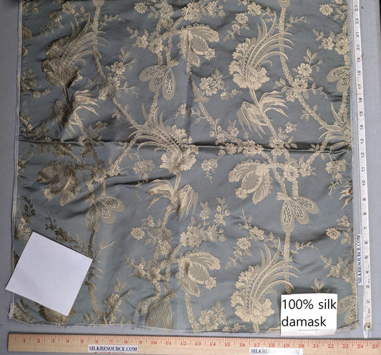 100% Silk Damask Lace Curvy Botanical Flower Vines Art Neuveu Dusk Gray Gold bty