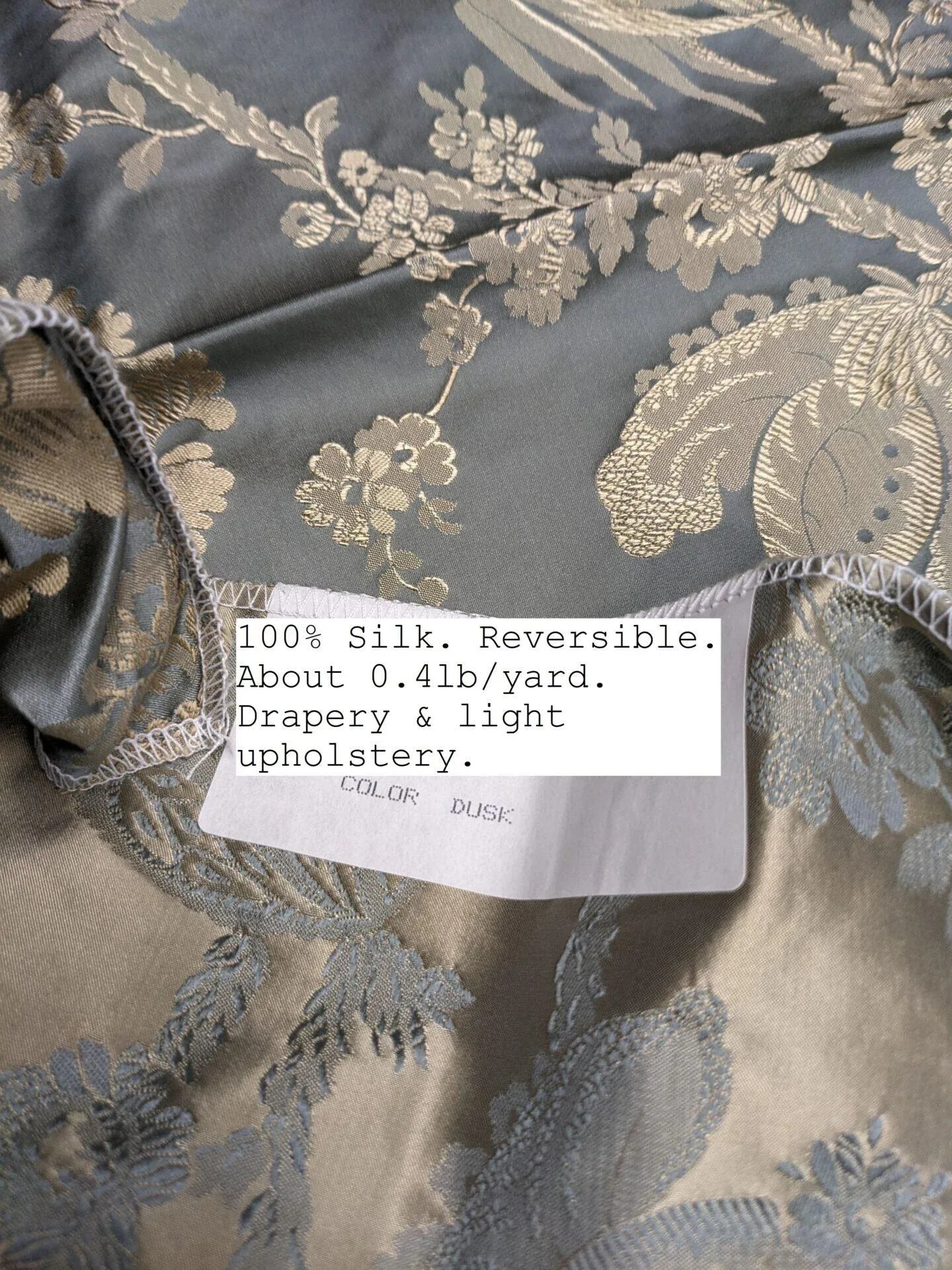 100% Silk Damask Lace Curvy Botanical Flower Vines Art Neuveu Dusk Gray Gold bty