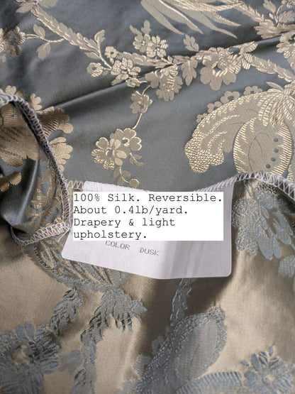 100% Silk Damask Lace Curvy Botanical Flower Vines Art Neuveu Dusk Gray Gold bty