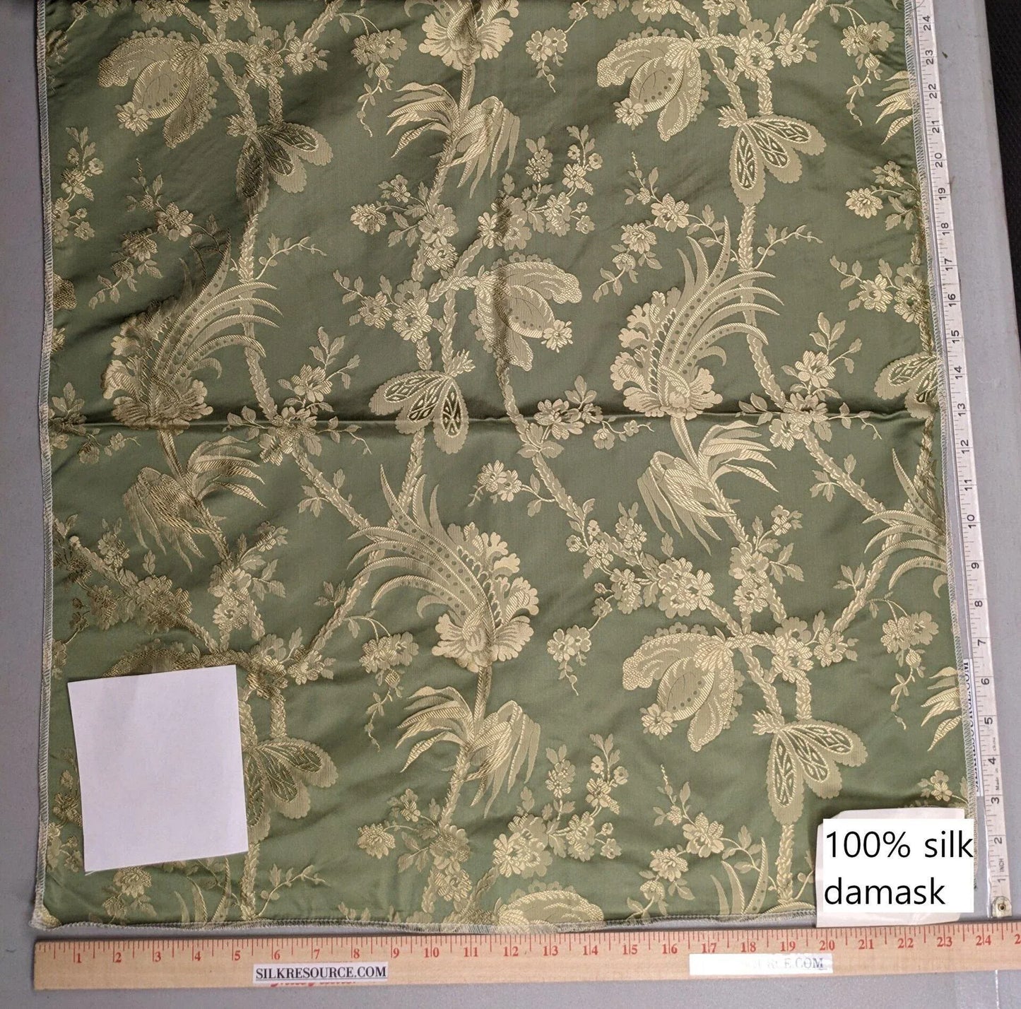 100% Silk Damask Lace Curvy Botanical Flower Vines Art Neuveu Thyme Green Gold bty