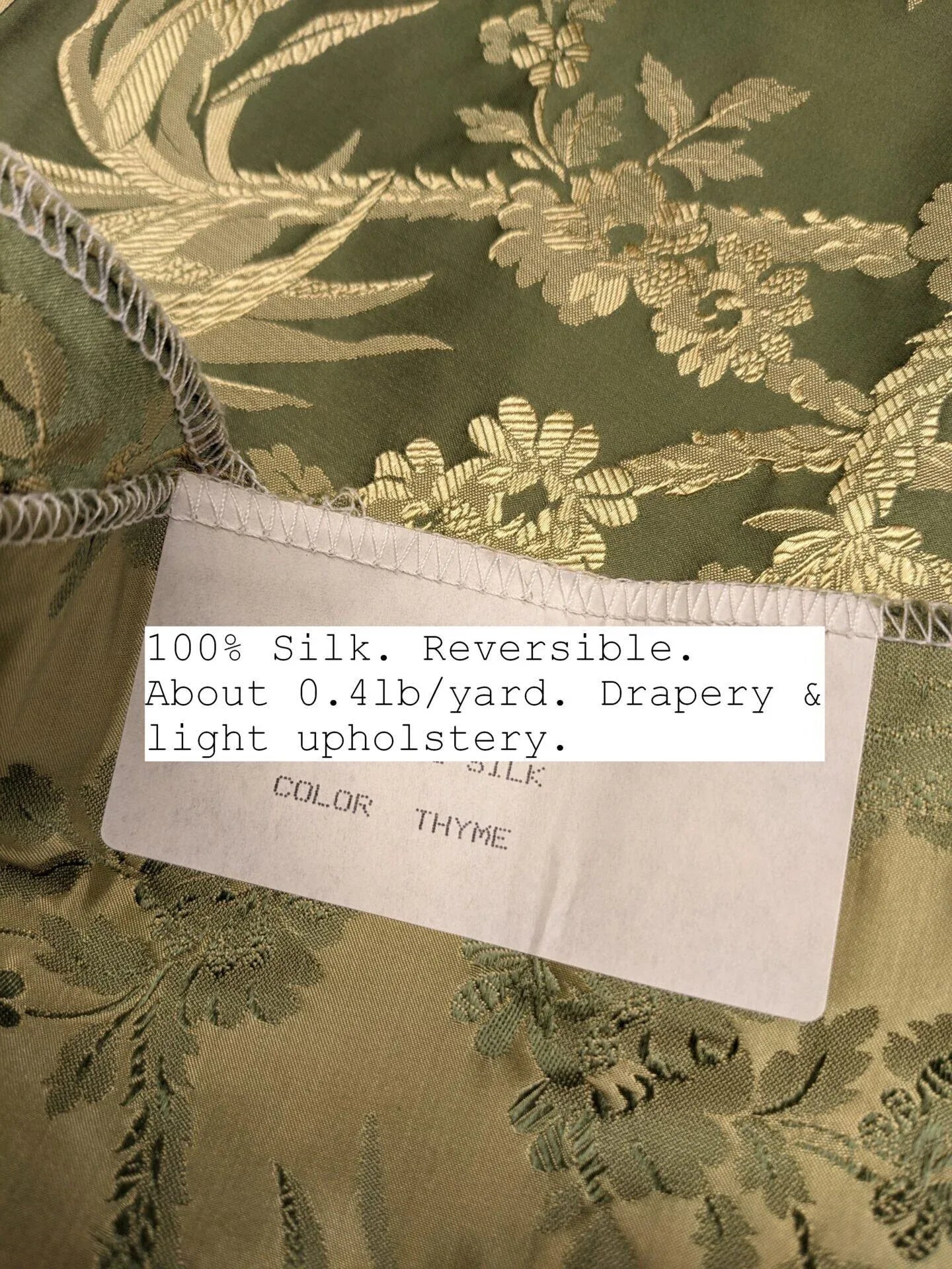 100% Silk Damask Lace Curvy Botanical Flower Vines Art Neuveu Thyme Green Gold bty