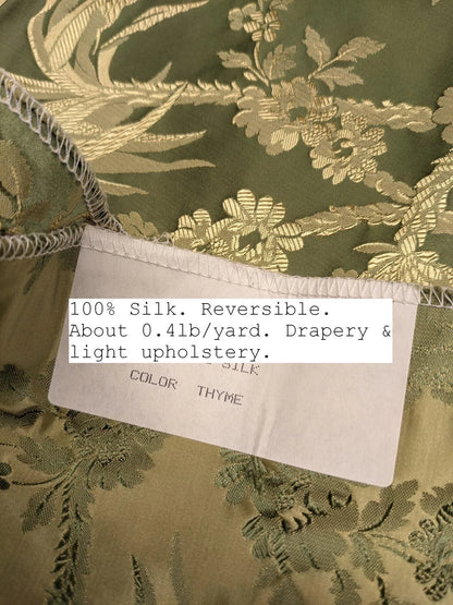 100% Silk Damask Lace Curvy Botanical Flower Vines Art Neuveu Thyme Green Gold bty
