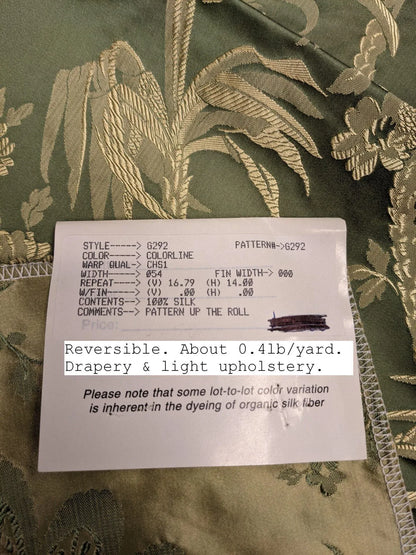 100% Silk Damask Lace Curvy Botanical Flower Vines Art Neuveu Thyme Green Gold bty