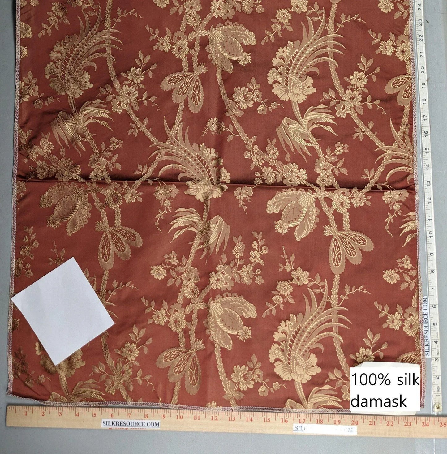 100% Silk Damask Lace Curvy Botanical Flower Vines Art Neuveu Cornsilk Red Gold bty