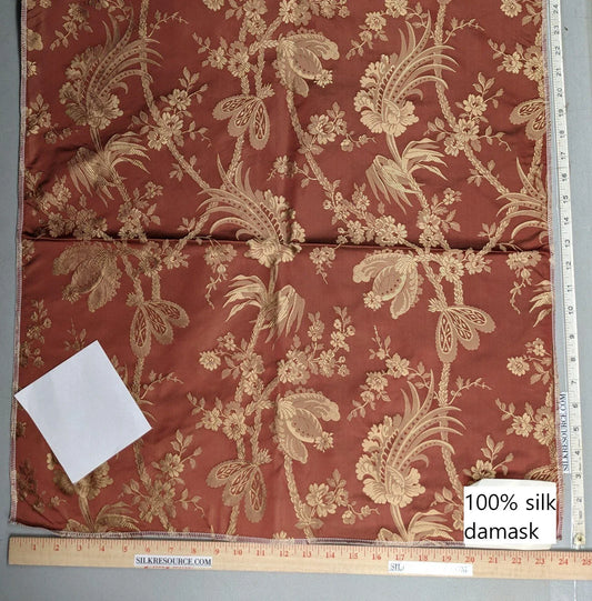100% Silk Damask Lace Curvy Botanical Flower Vines Art Neuveu Cornsilk Red Gold bty
