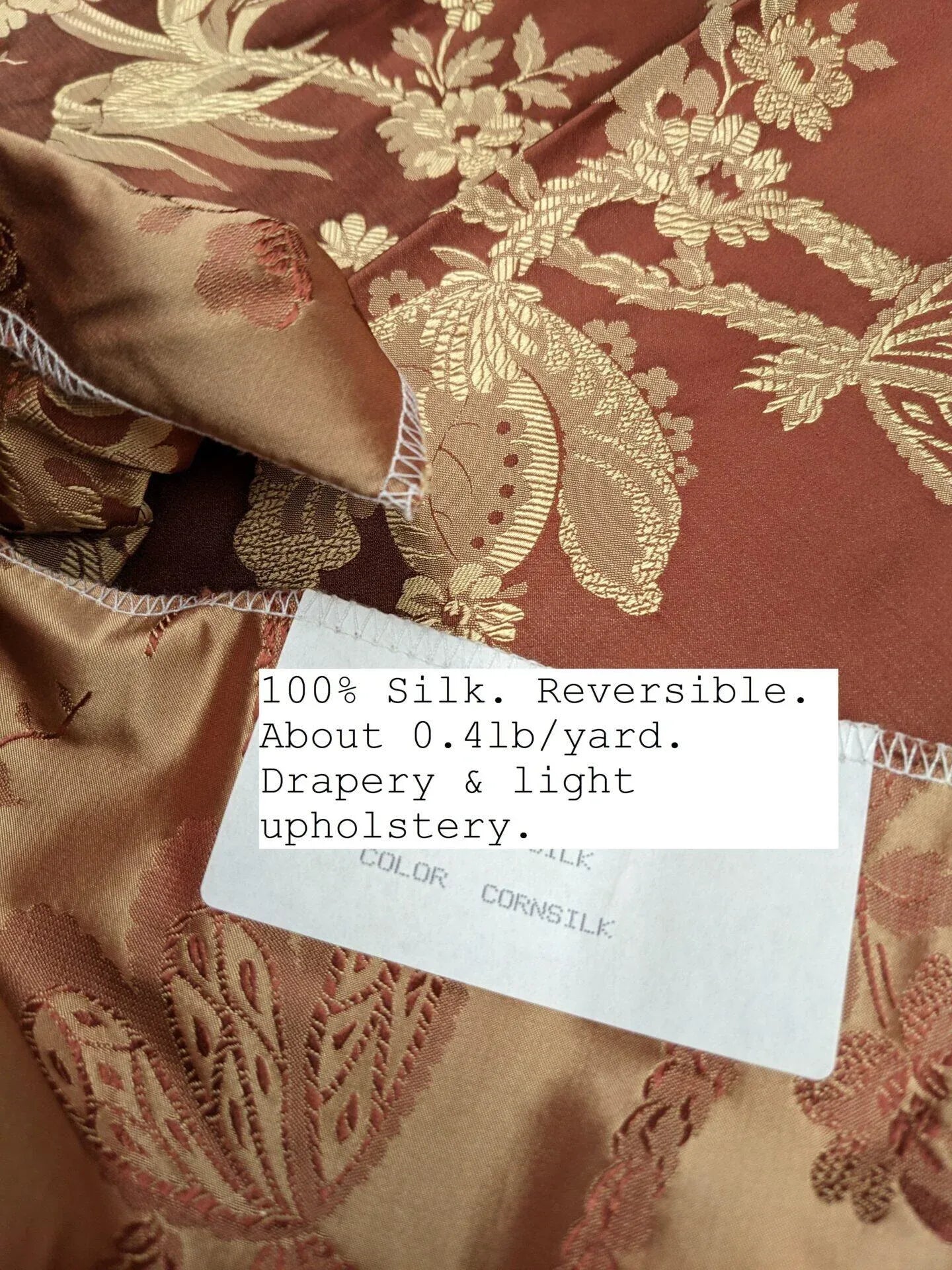100% Silk Damask Lace Curvy Botanical Flower Vines Art Neuveu Cornsilk Red Gold bty