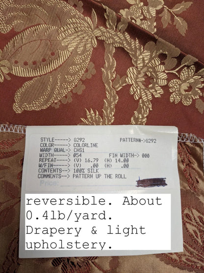 100% Silk Damask Lace Curvy Botanical Flower Vines Art Neuveu Cornsilk Red Gold bty