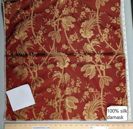 100% Silk Damask Lace Curvy Botanical Flower Vines Art Neuveu Ambrosia Red Gold bty